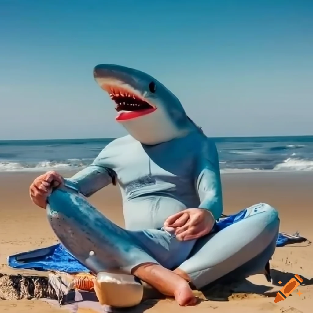 man in a shark mask enjoying the beach