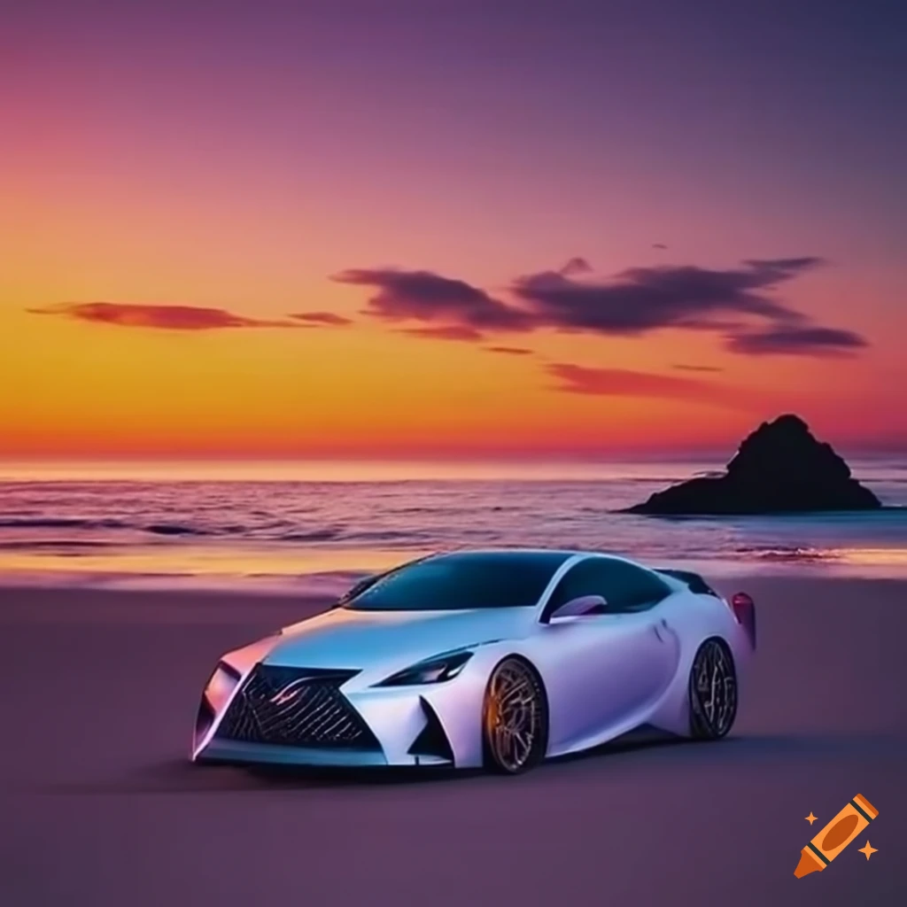 Sunset beach scene with an exotic lexus car on Craiyon
