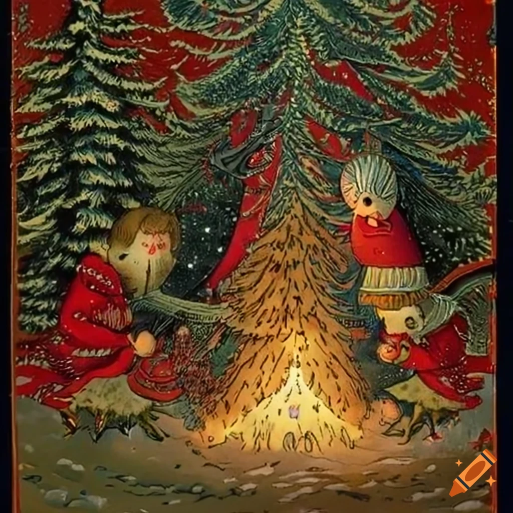 festive holiday illustration combining Native Salish and Russian fairytale motifs