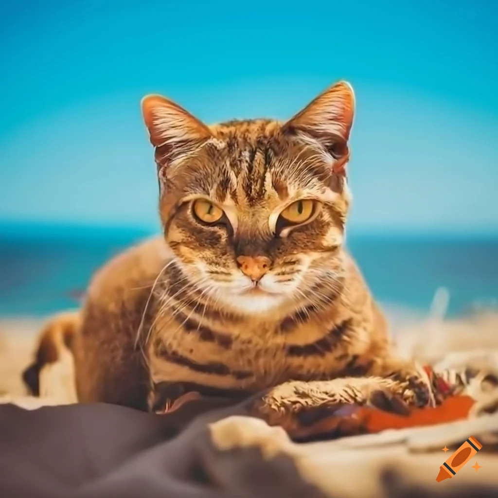 Cat in a straw hat on a black background with white dots, on the beach on  Craiyon