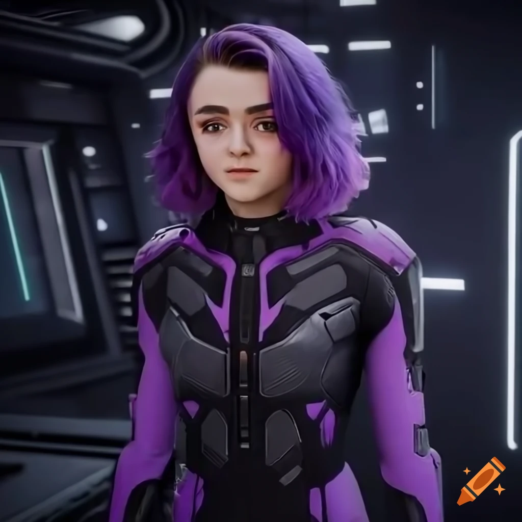 Sci-fi girl with purple hair in a futuristic room on Craiyon