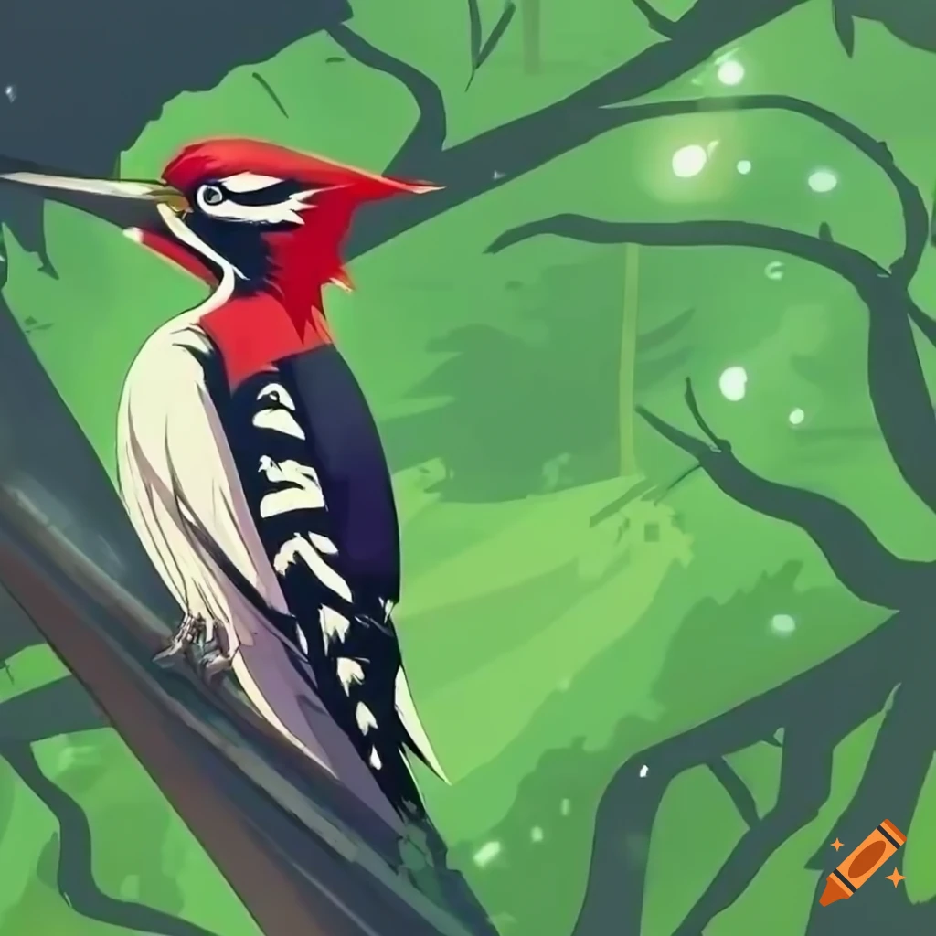 anime woodpecker with a sword in a forest
