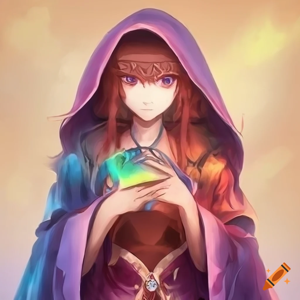 Anime-style depiction of a mysterious priestess in a rainbow robe