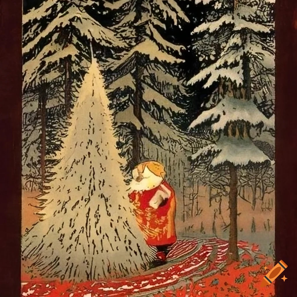 festive holiday illustration with Native Salish and Russian fairytale motifs