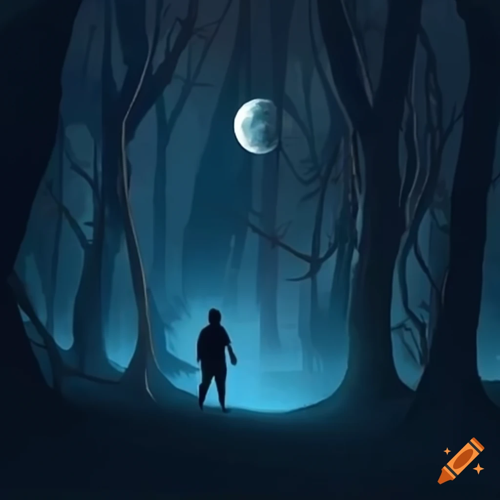 Animated Man Walking Through A Moonlit Forest
