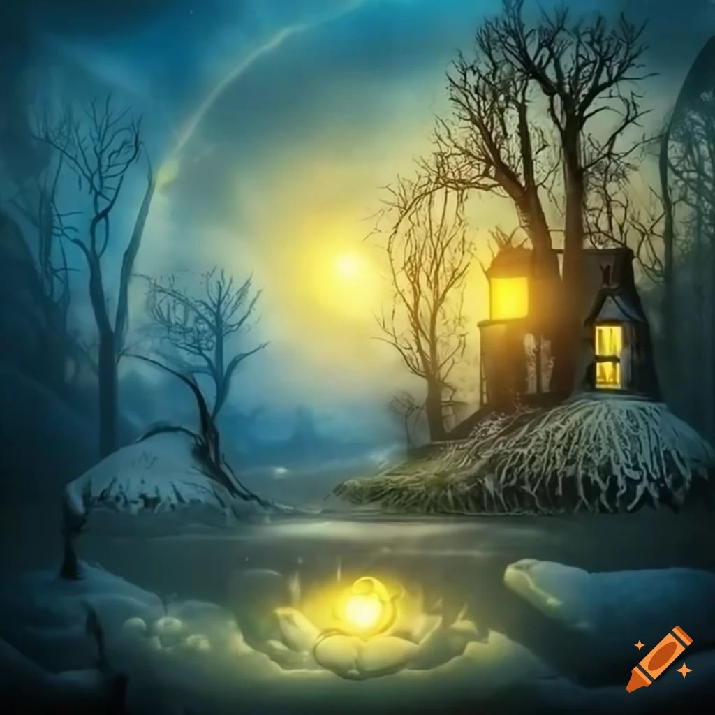 Surrealistic winter landscape with sparkles and strange creatures on ...