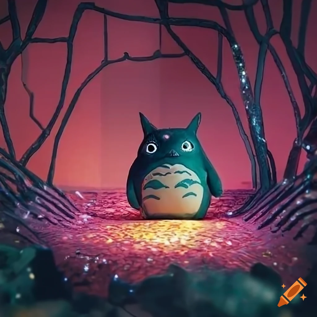 glittery coral landscape with Totoro and Cat-bus