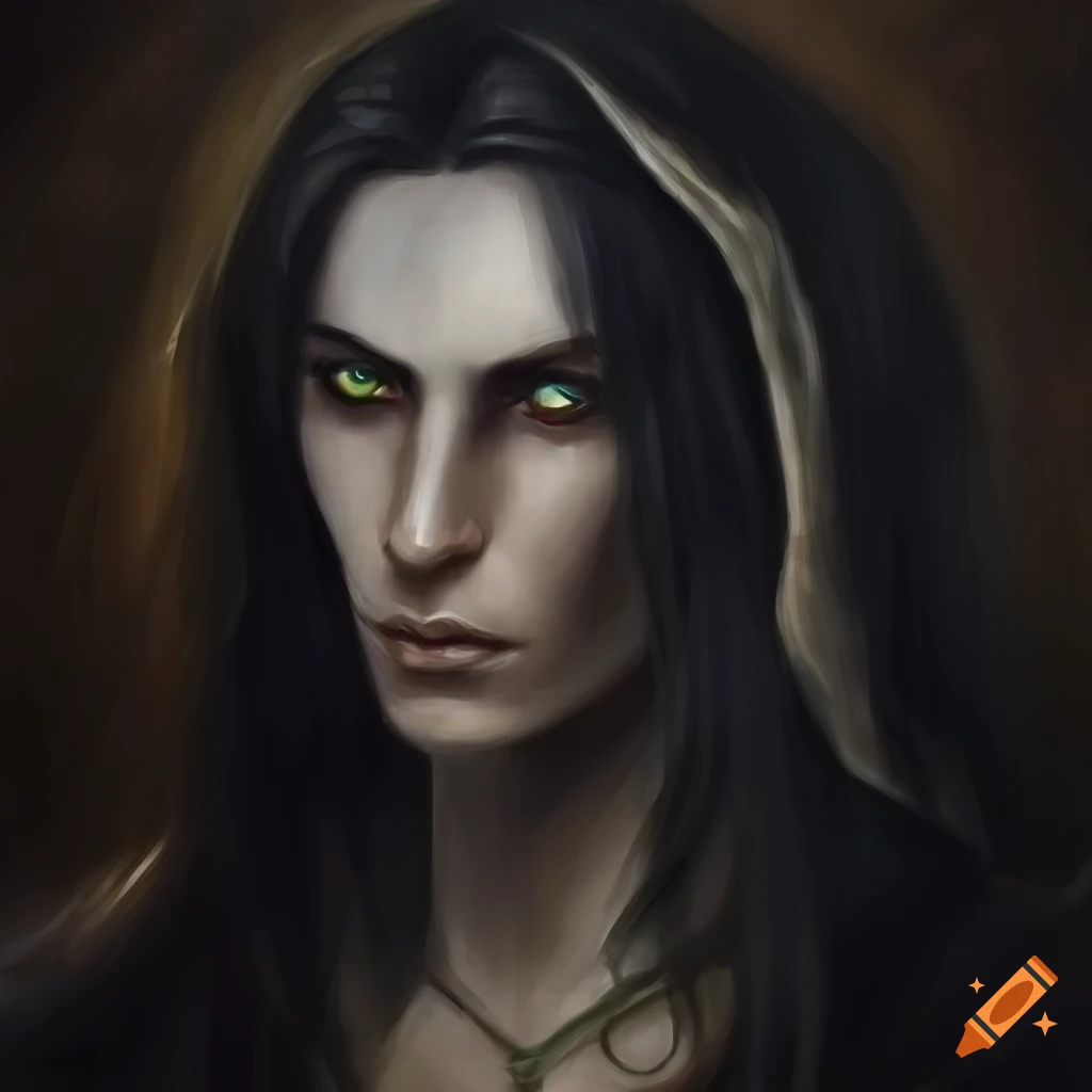Dark fantasy oil painting of a pale male elf on Craiyon