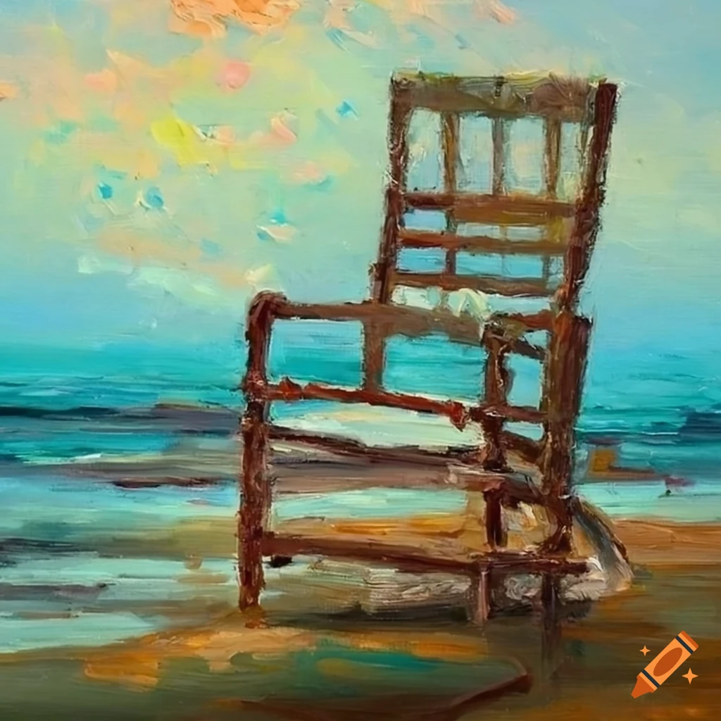 oil painting of an old chair covered in flowers on a beach