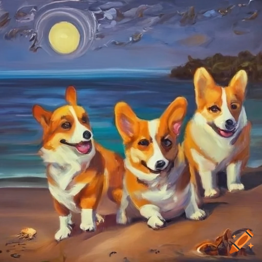detailed oil painting of corgis at a beach Hula party