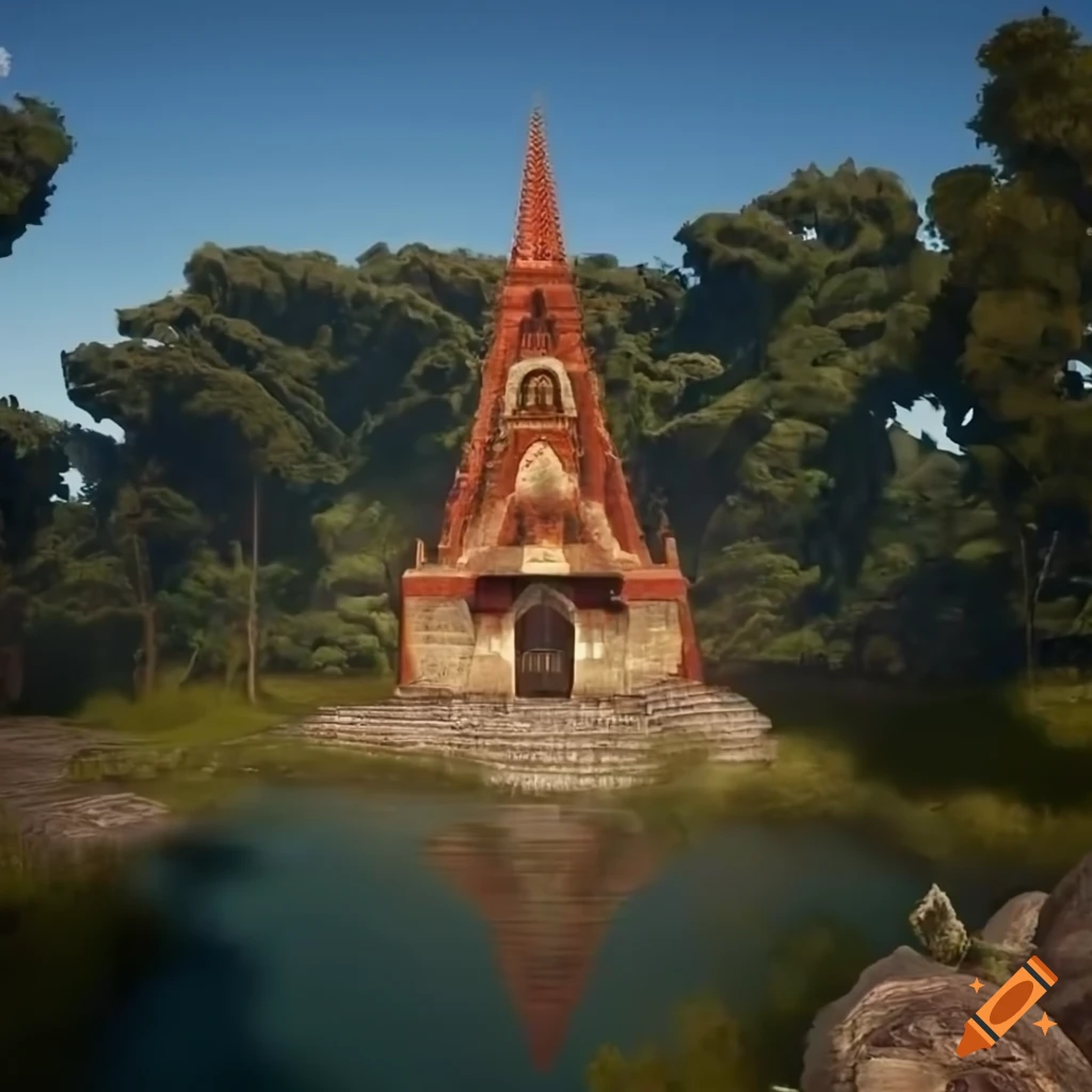 aerial view of a golden-white-red colored sci-fi temple in a jungle forest