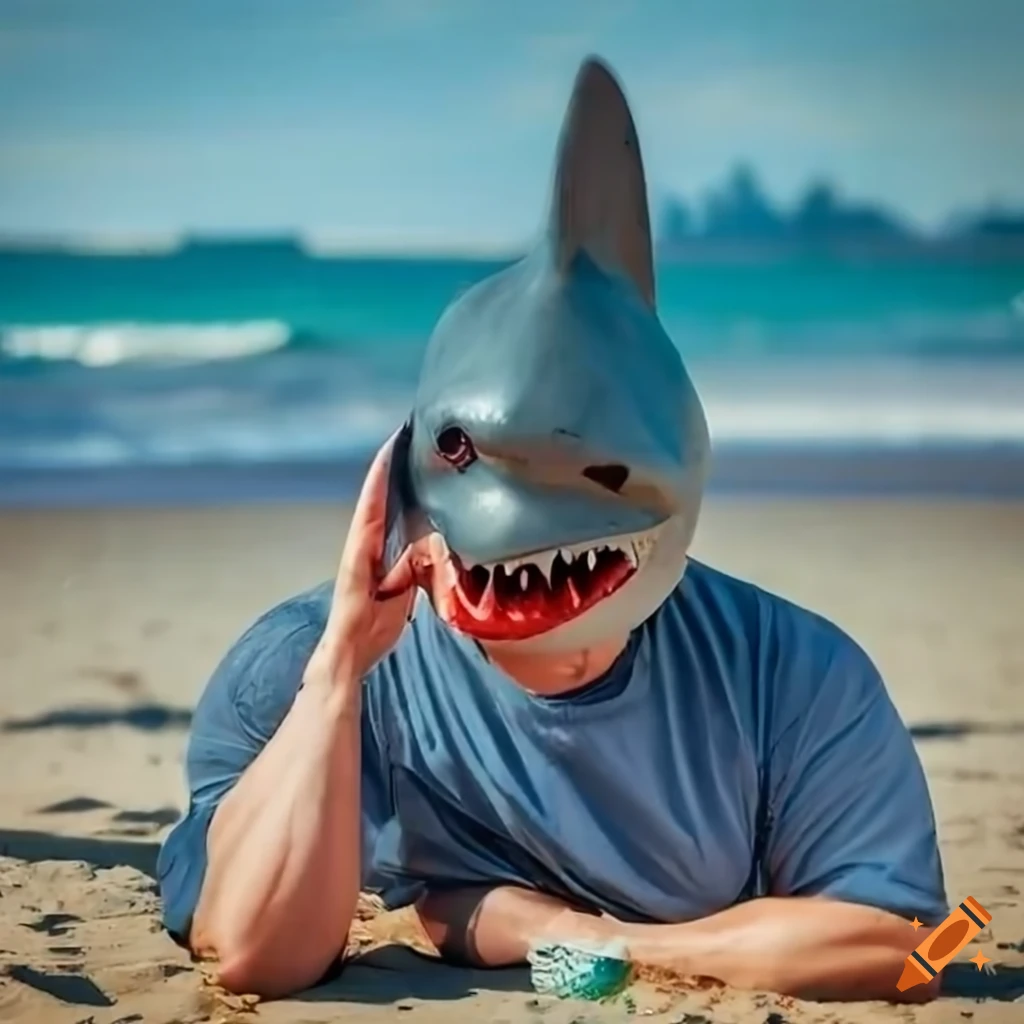 man in a shark mask enjoying the beach