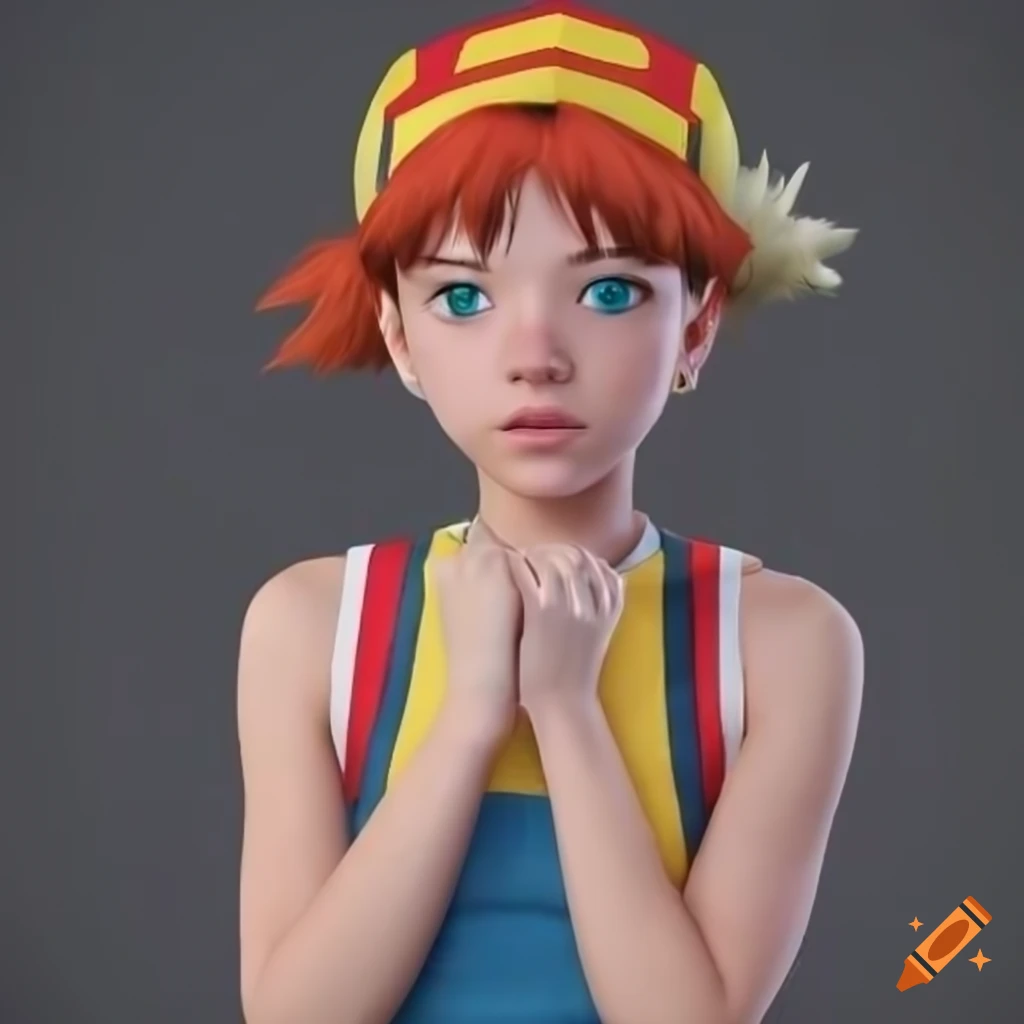 Realistic 3d artwork of misty from pokemon sitting on a chair on Craiyon