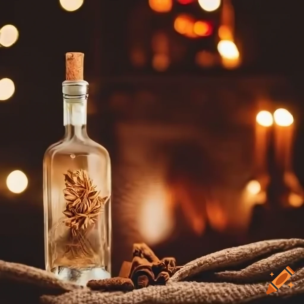 cozy winter scene with gin bottle and spices by the fireplace
