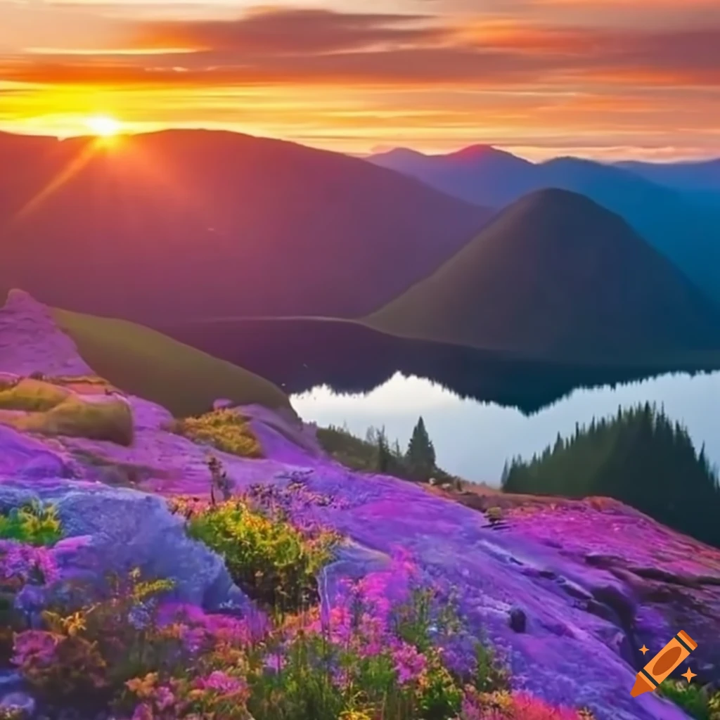 Vibrant sunset over mountain lake with wildflowers on Craiyon