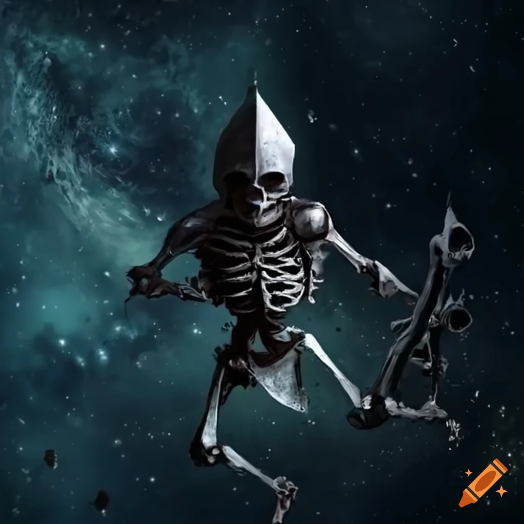 Skeleton knight falling through outer space