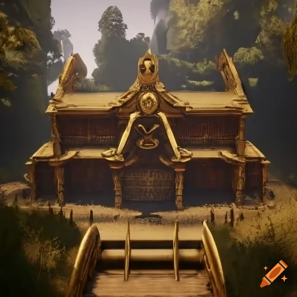 aerial view of a sci-fi temple in a jungle