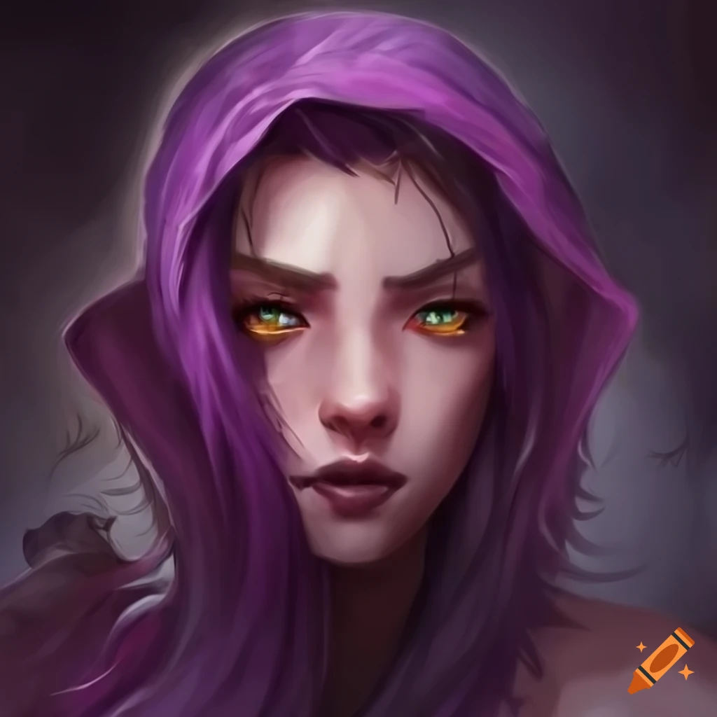 Portrait of a young person with purple hair and gold eyes on Craiyon