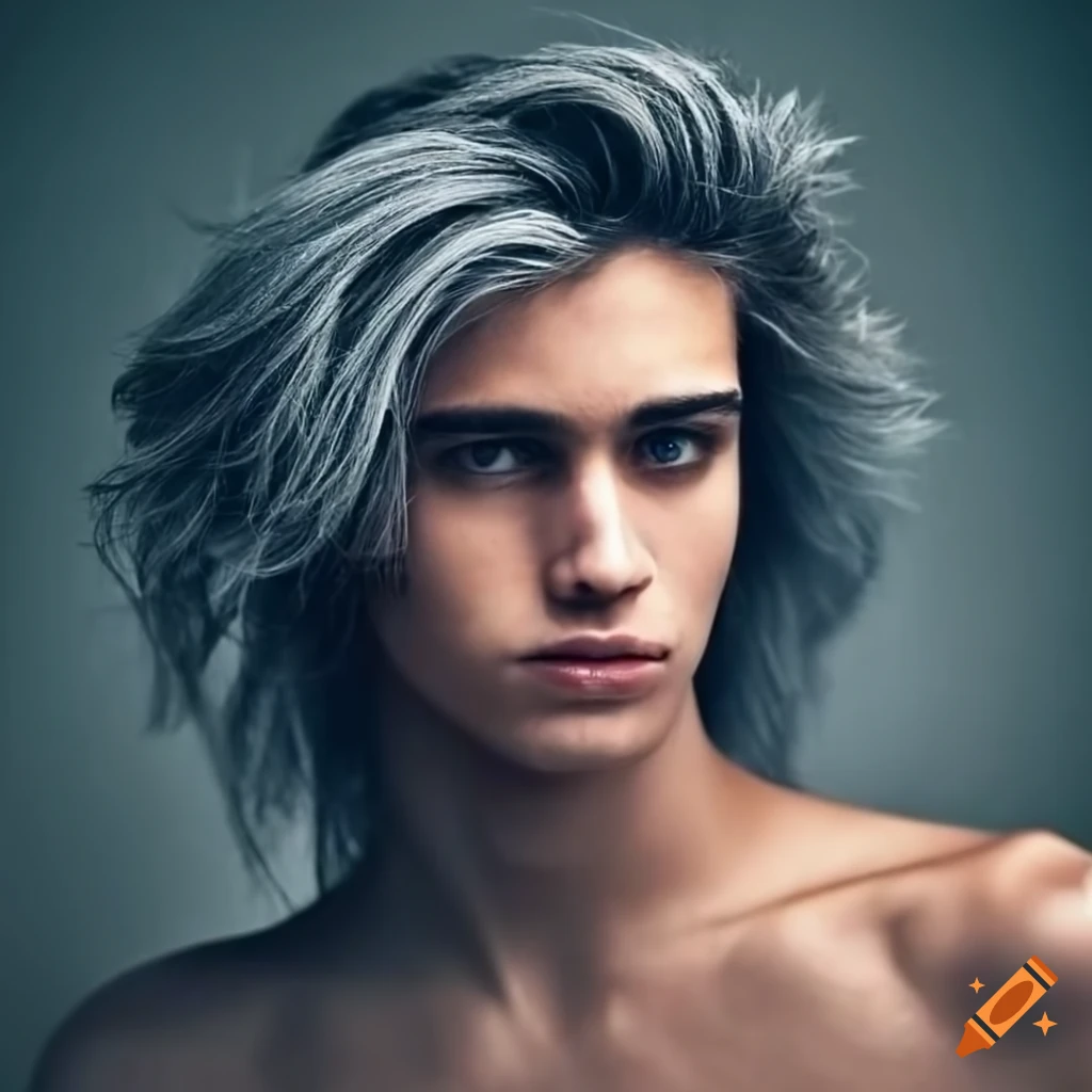 portrait of a handsome young man with long gray hair