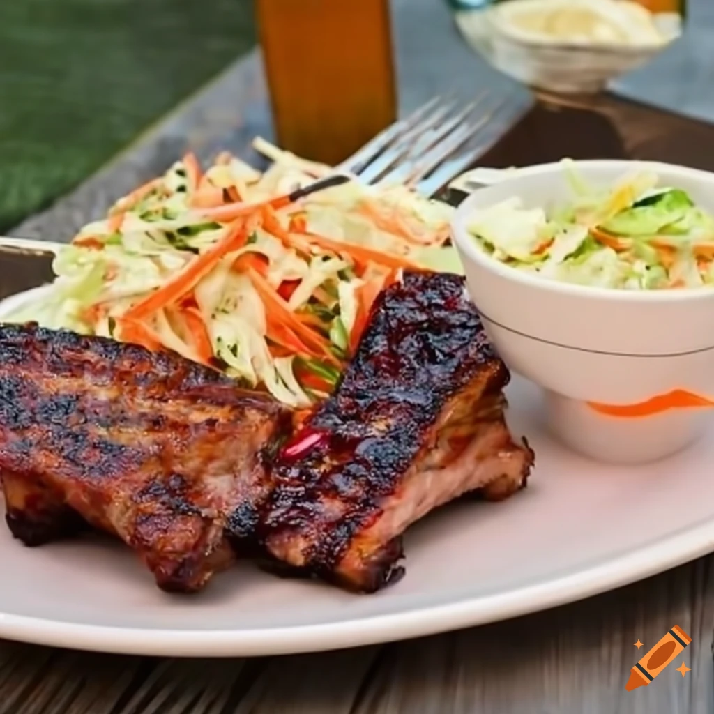 Grilled ribs and coleslaw on outdoor patio
