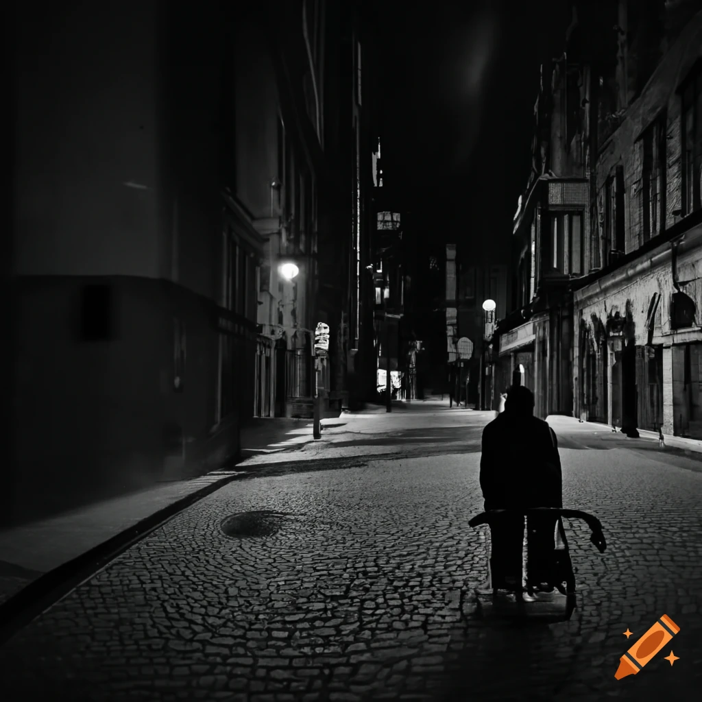 person on a wheelchair walking on a dimly lit city street