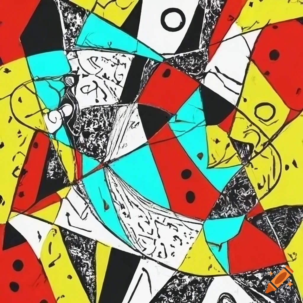 Black and white abstract artwork with red, yellow, and turquoise accents