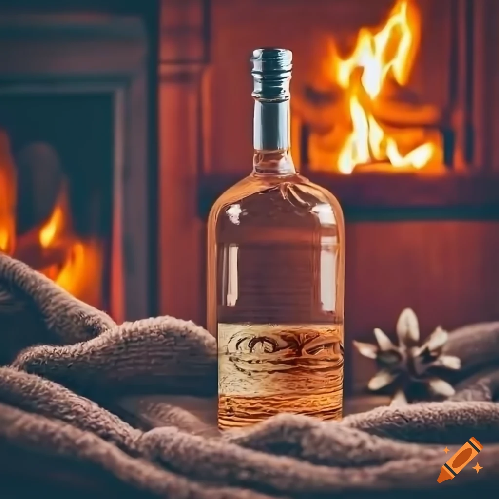 cozy winter scene with gin bottle and spices by the fireplace