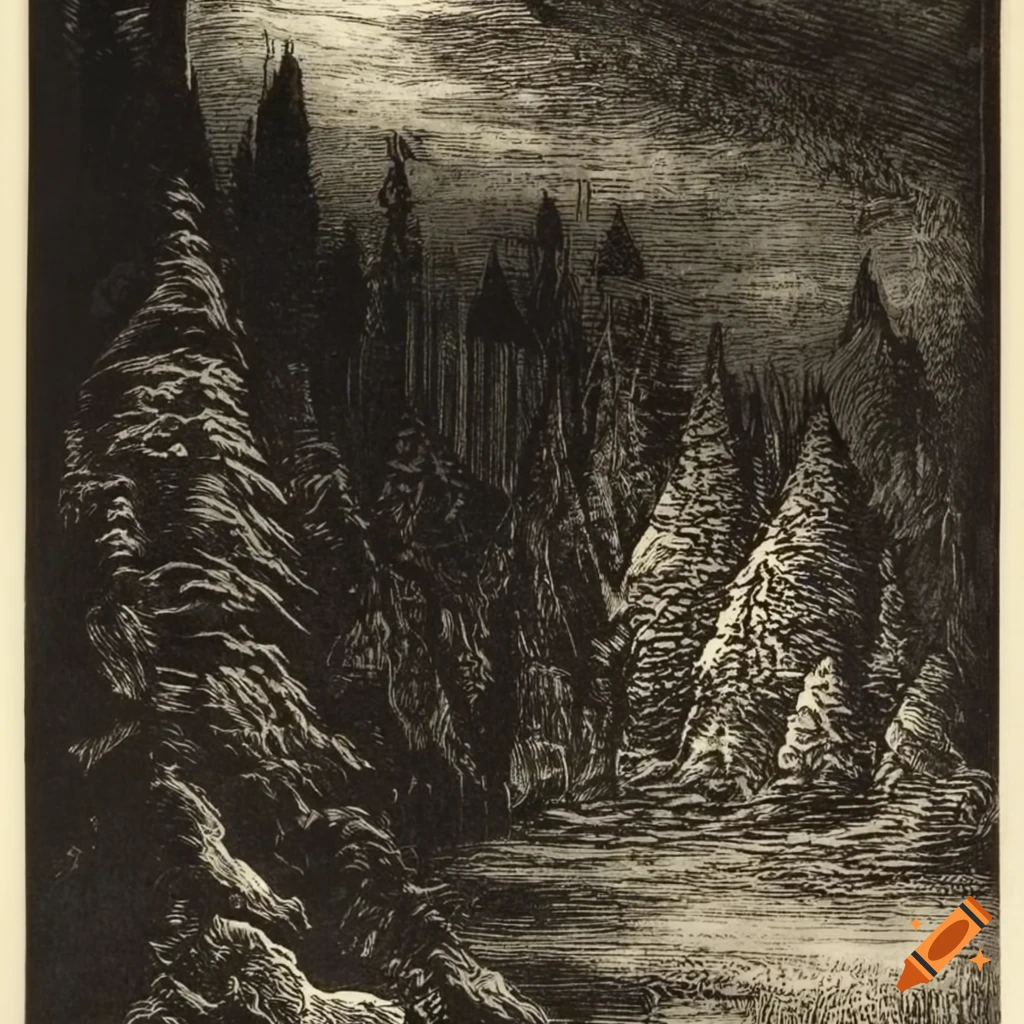 Fjord landscape in black and white etching by kittelsen on Craiyon