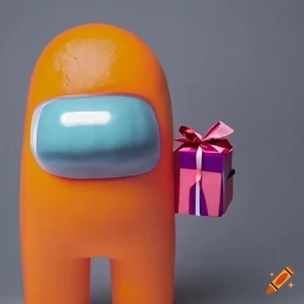 Digital art of an orange among us character holding a gift