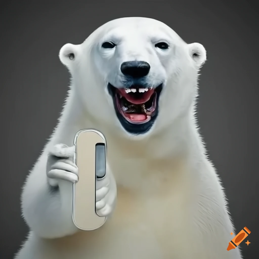 polar bear laughing while holding a cellphone