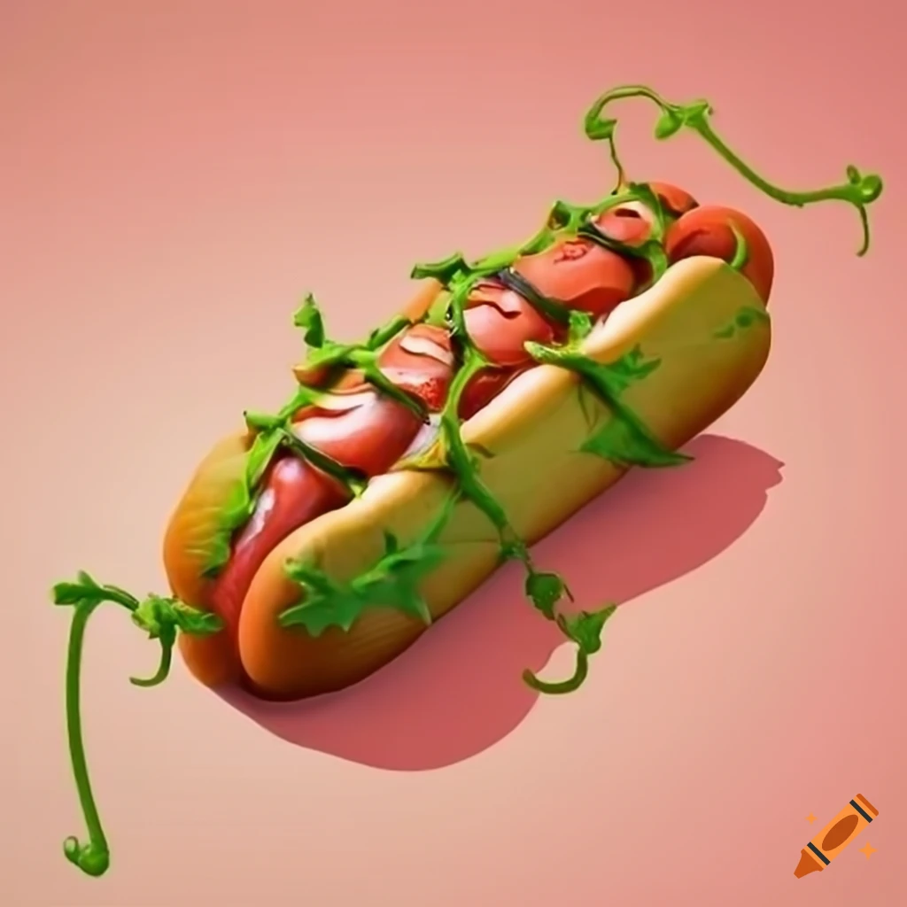 Intricately wrapped hot dog with thorny vine and leaves on Craiyon