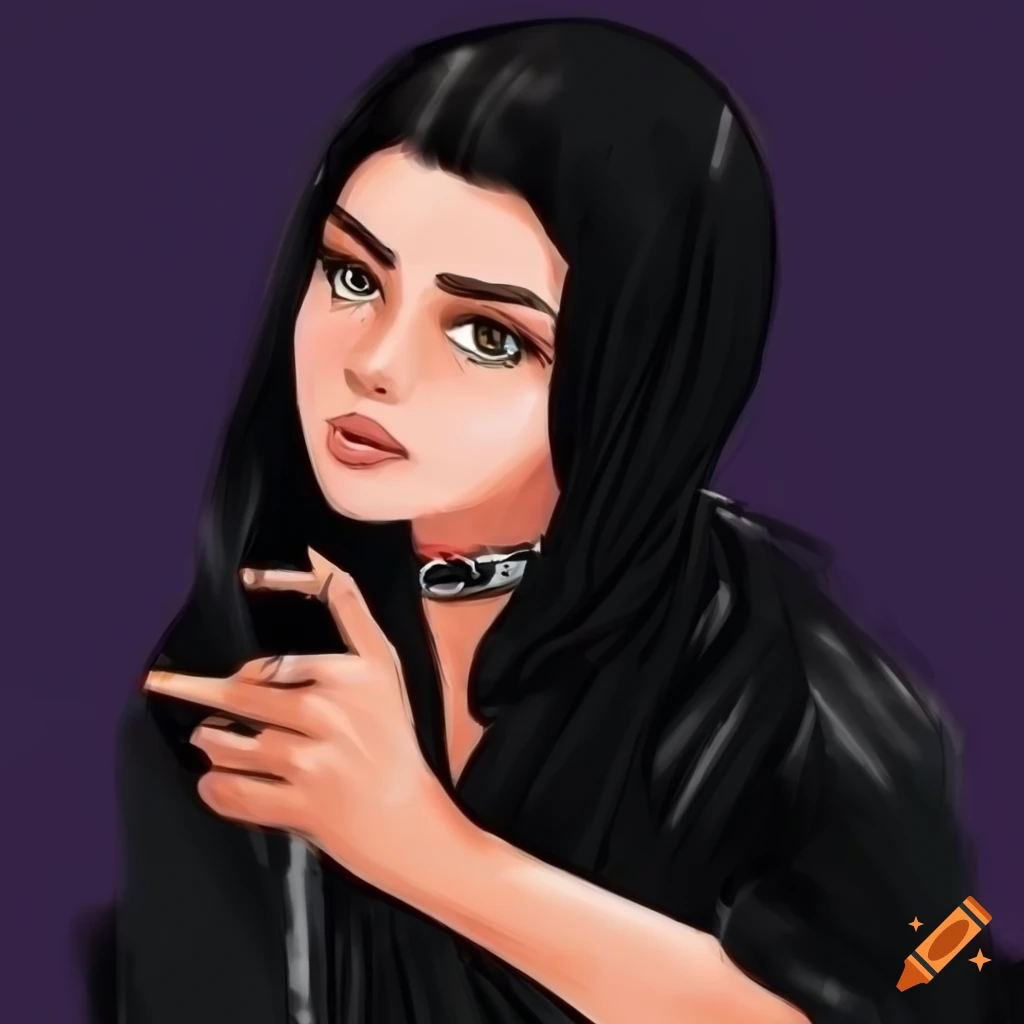 artistic illustration of a girl in black coat near a cafe in Iran