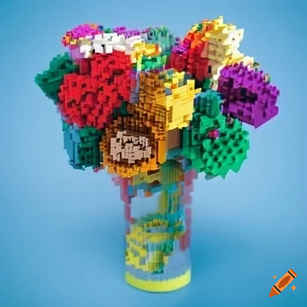 Lego bouquet of roses in glass case on white background on Craiyon