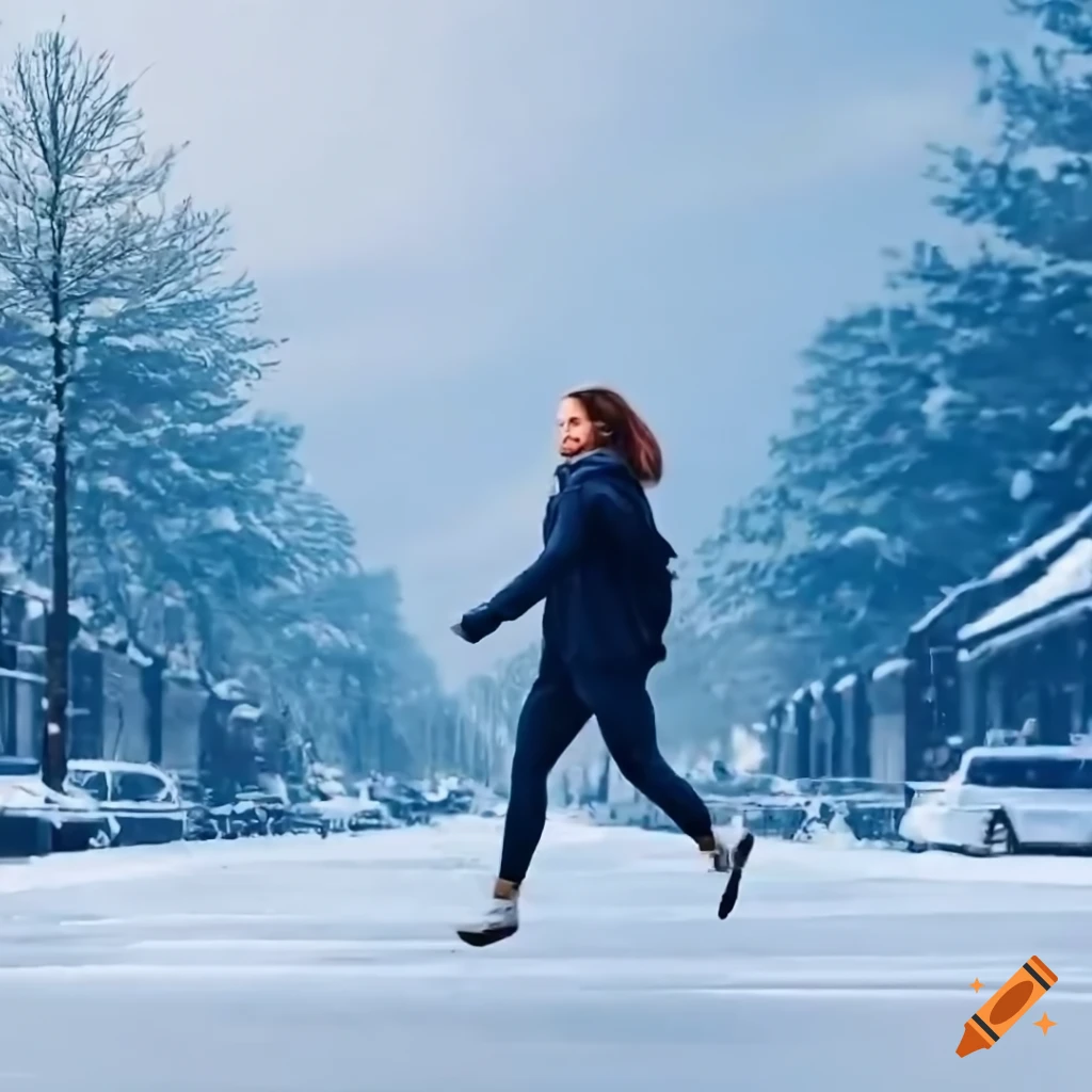 woman running in snowy street towards a bus