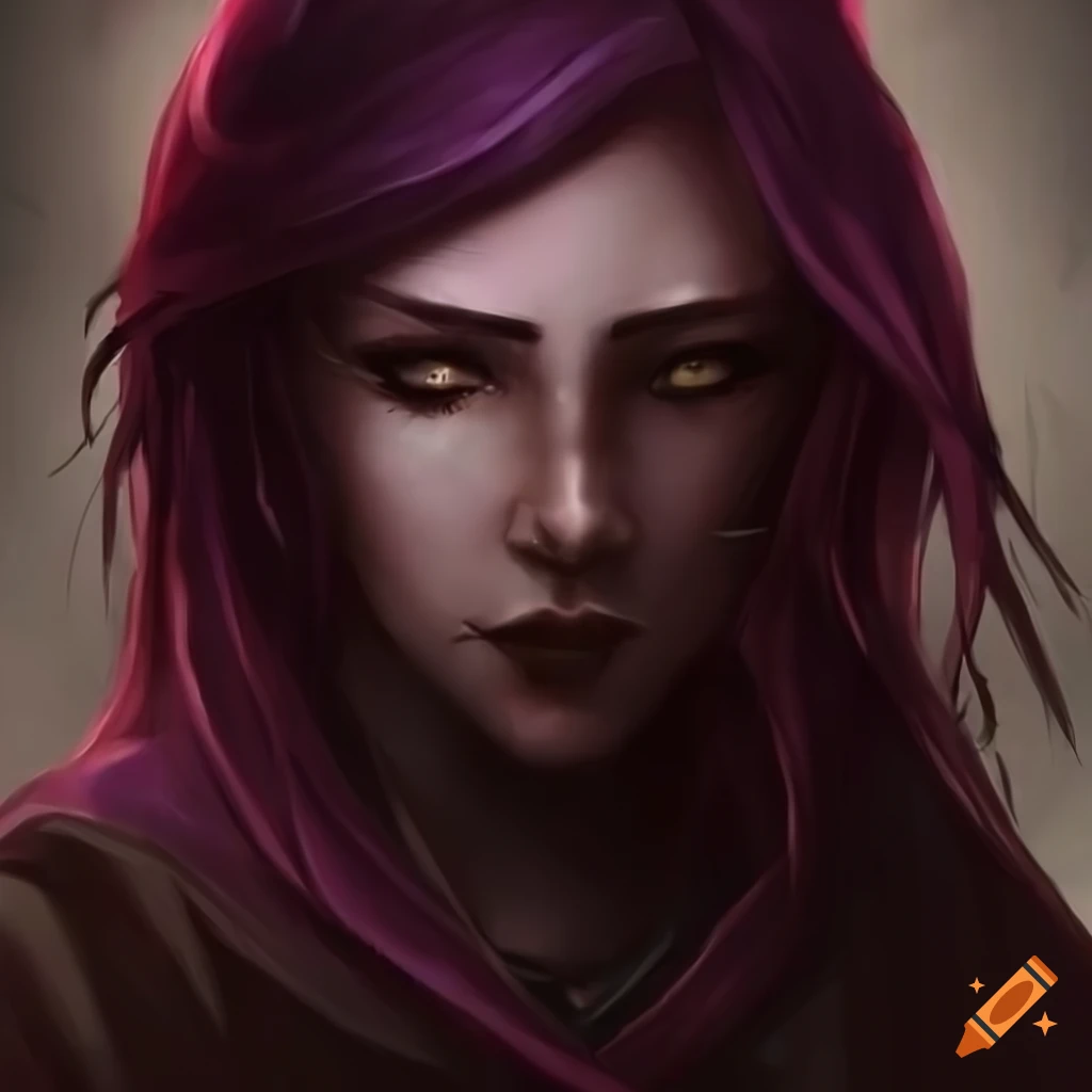 portrait of a young person with purple hair and gold eyes