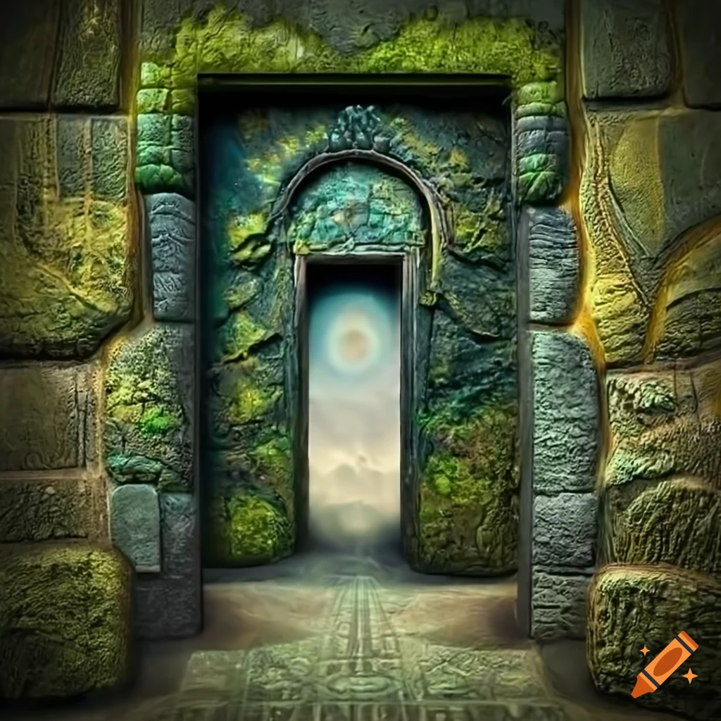 cosmic stone door with moss-covered shale stone wall