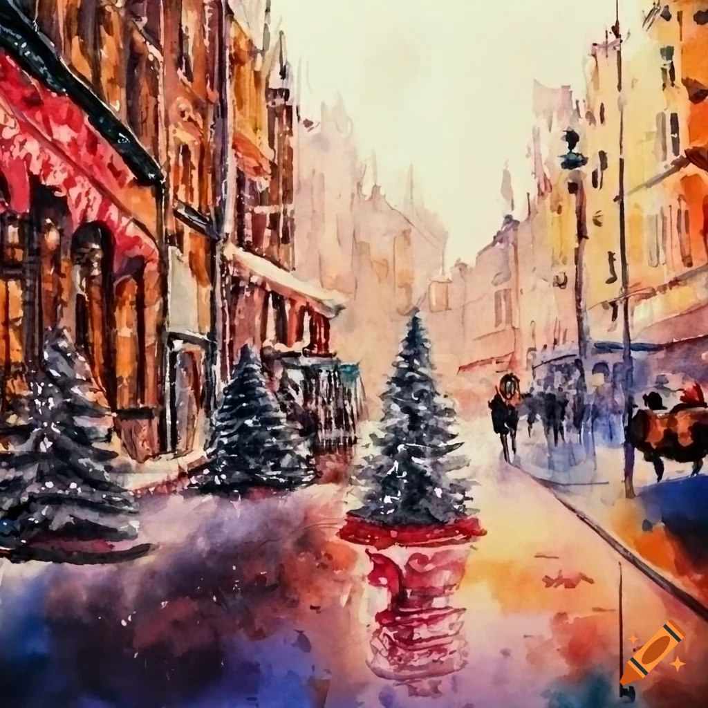 Watercolor painting of a cozy european christmas city scene