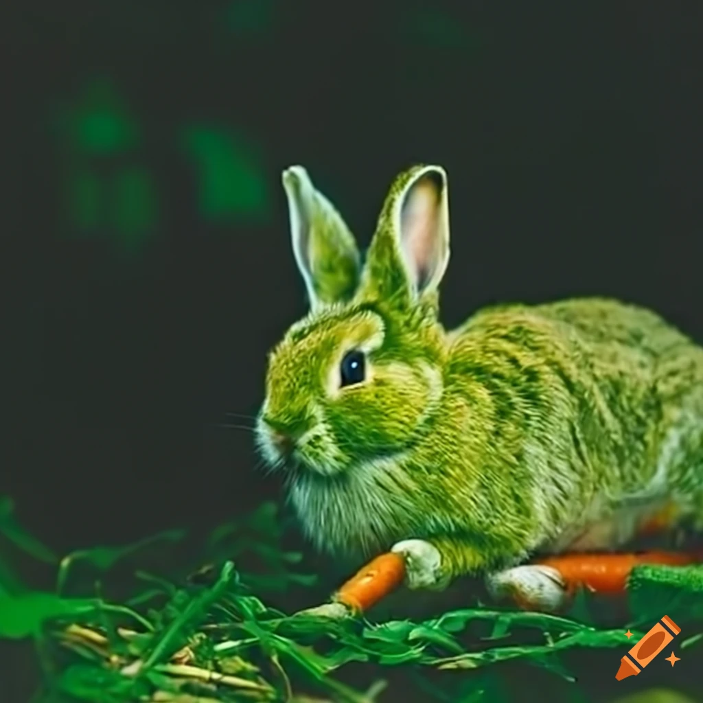 green rabbit eating carrots