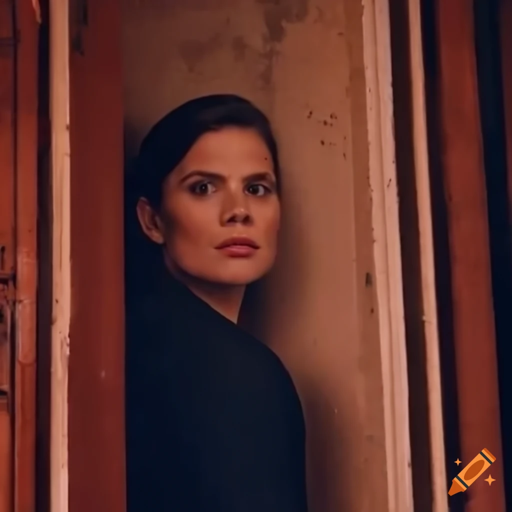 Actress hayley atwell peeking through a door in a derelict building on ...