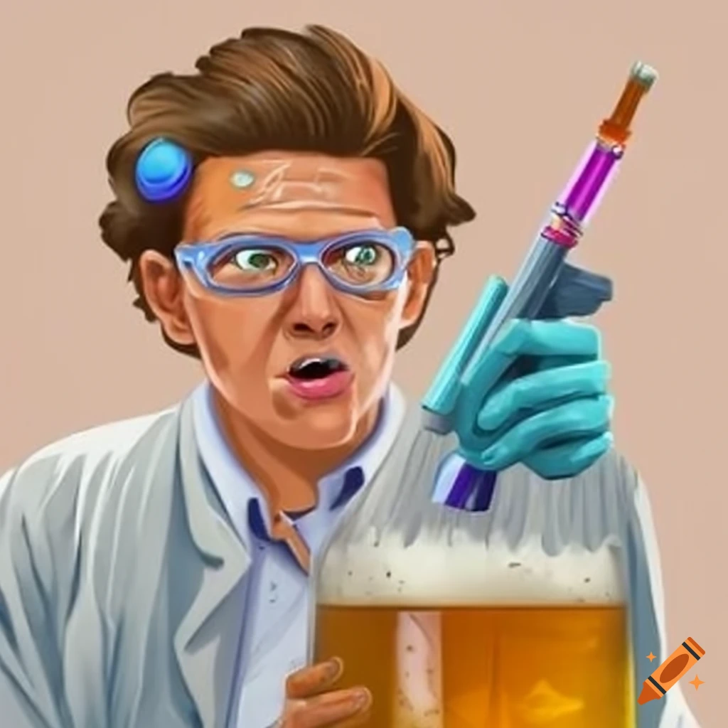 mad scientist analyzing a beer