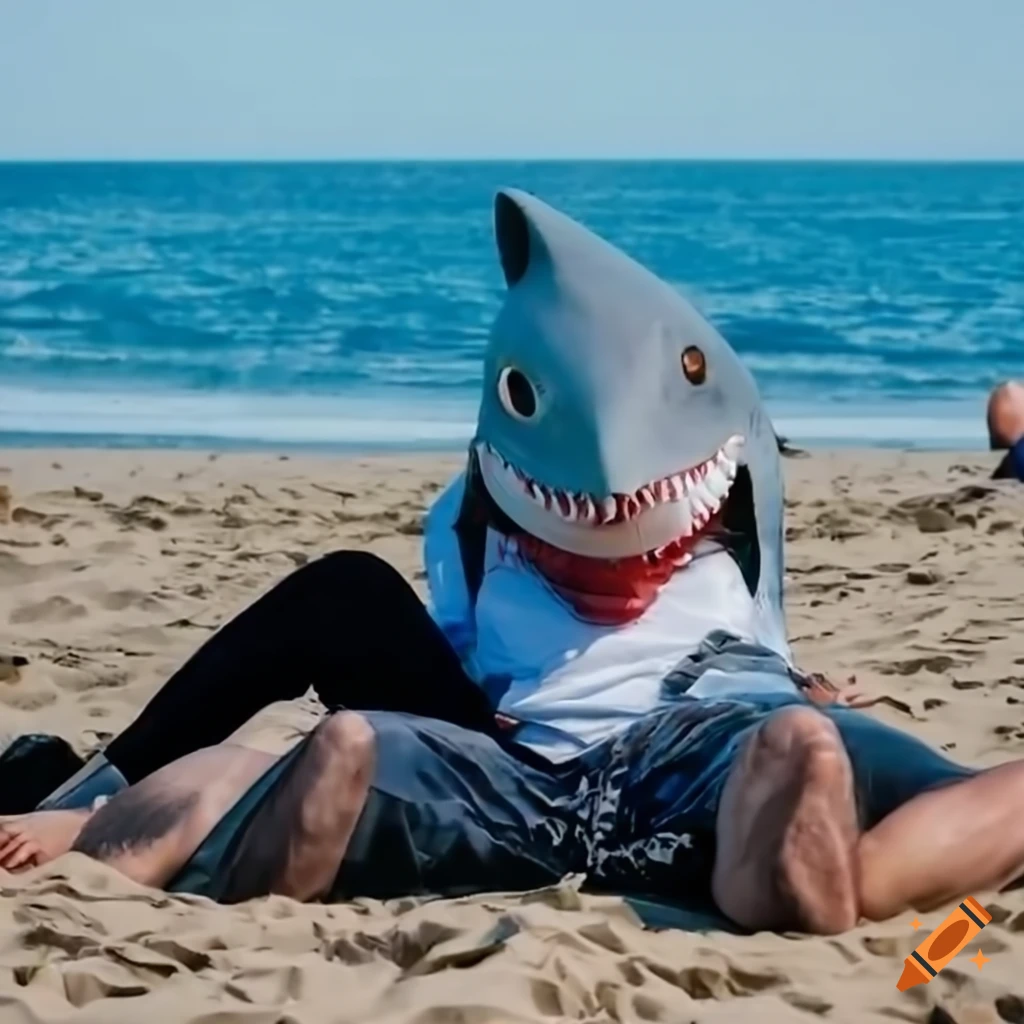 man in a shark mask chilling at the beach