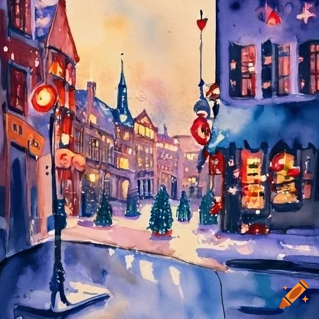 Watercolor painting of a cozy european christmas city scene on Craiyon