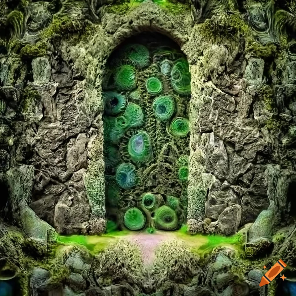 cosmic stone door with moss-covered shale stone wall