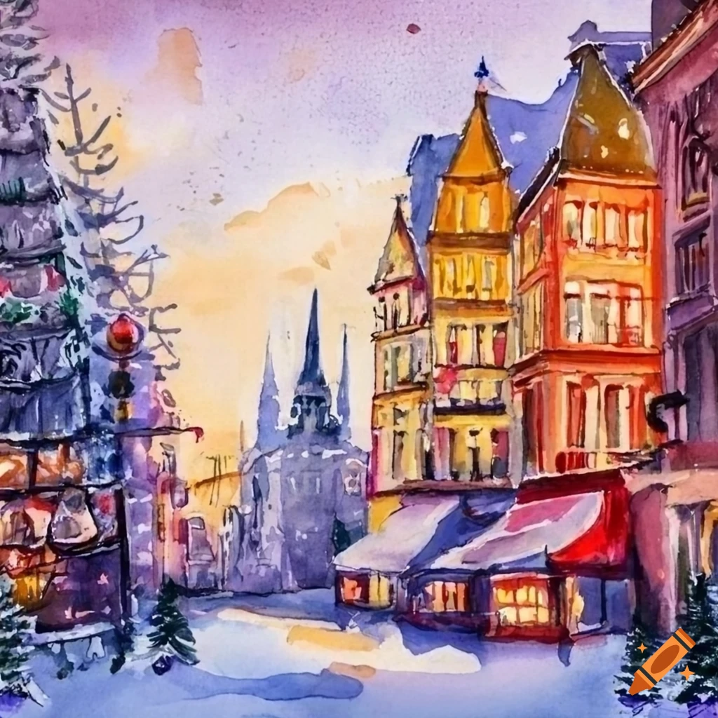 Watercolor painting of a cozy european christmas city scene on Craiyon