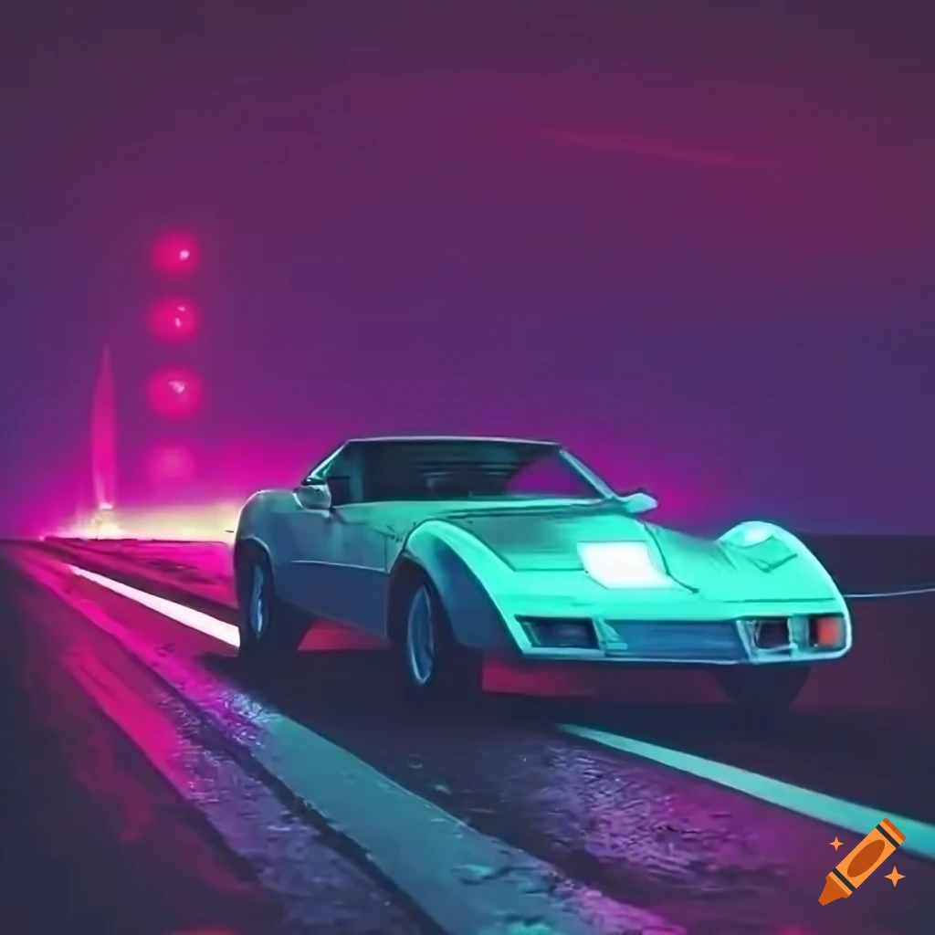 retrowave corvette driving on a desolate road at night