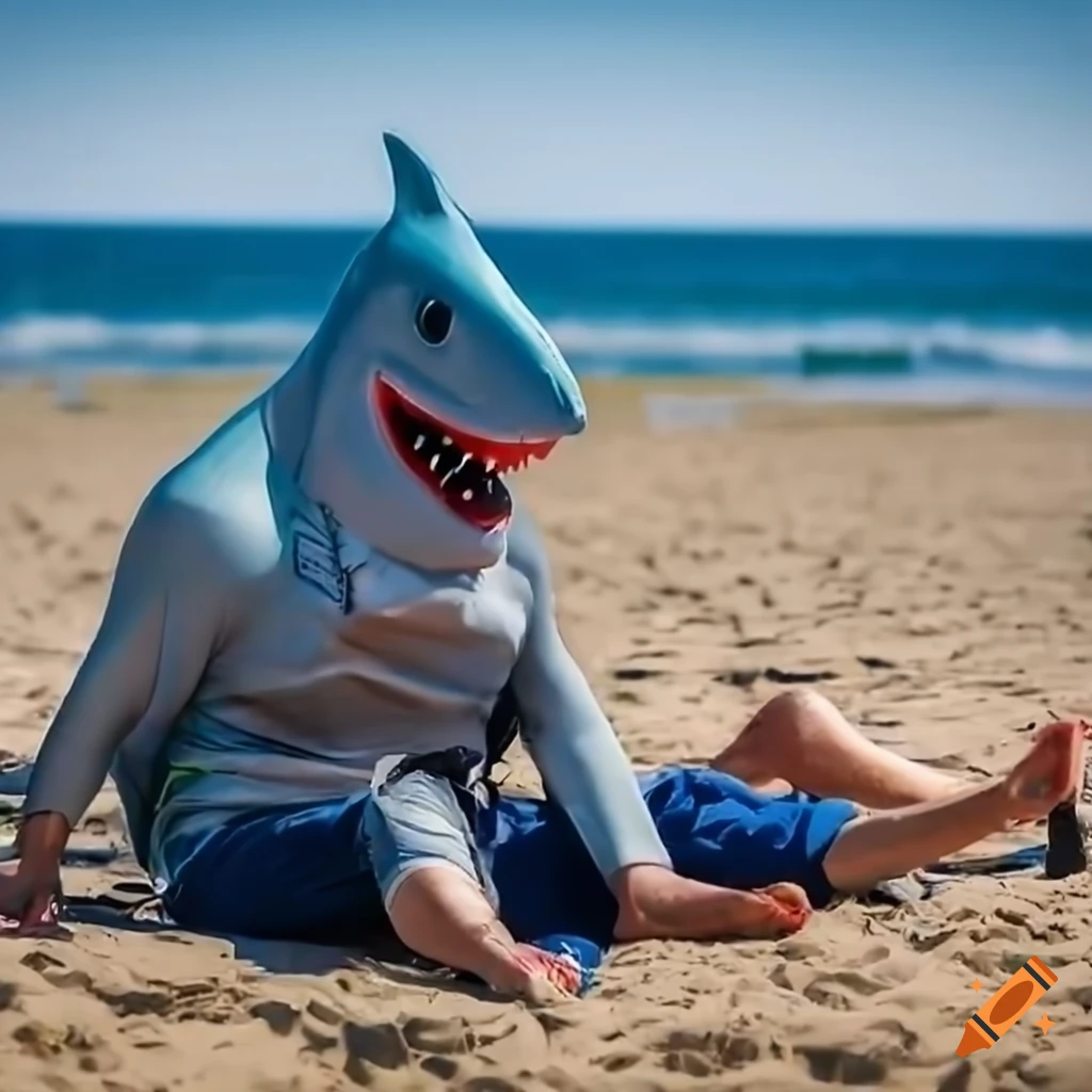man wearing a shark mask at the beach