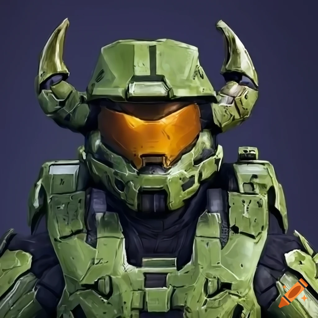 Fan art of halo master chief with demonic horns on Craiyon
