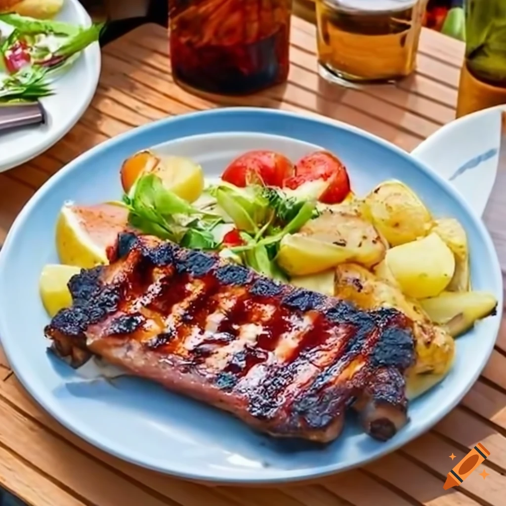 Grilled ribs and potato salad on a patio on Craiyon