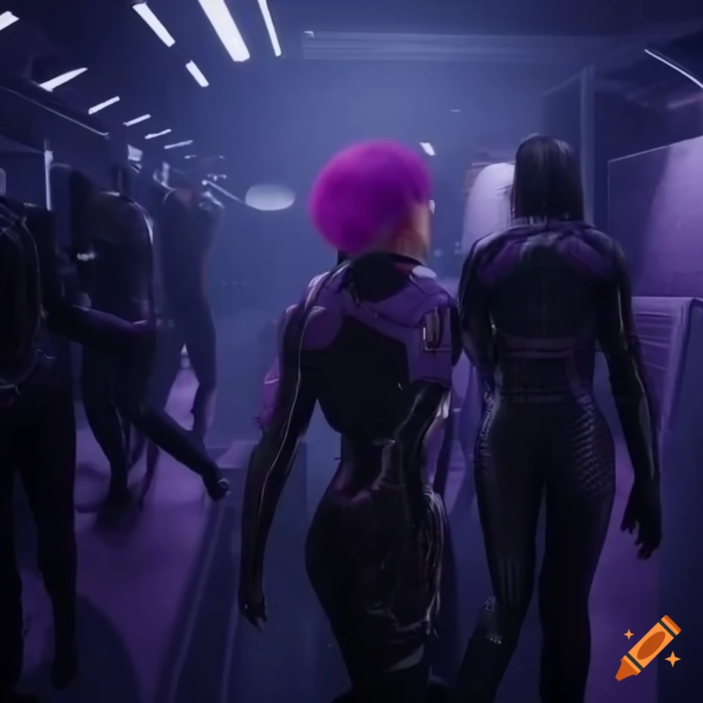 Maisie Williams as sci-fi girl with purple hair in futuristic environment