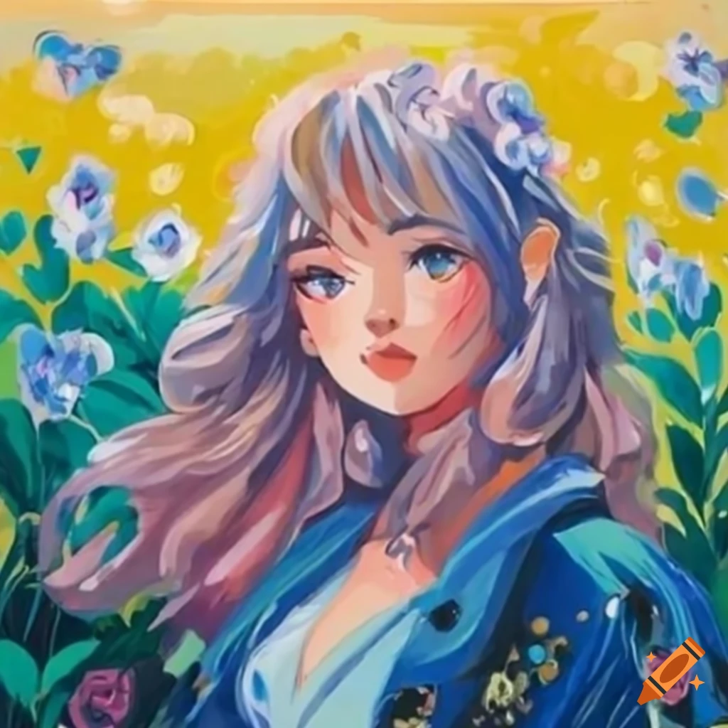 intricate anime character with cottagecore vibes